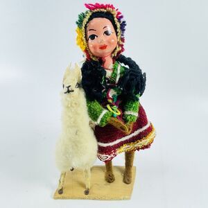 Vintage Handmade Peruvian Folk Art Girl Doll w Llama 8in Wool Clothes Souvenir